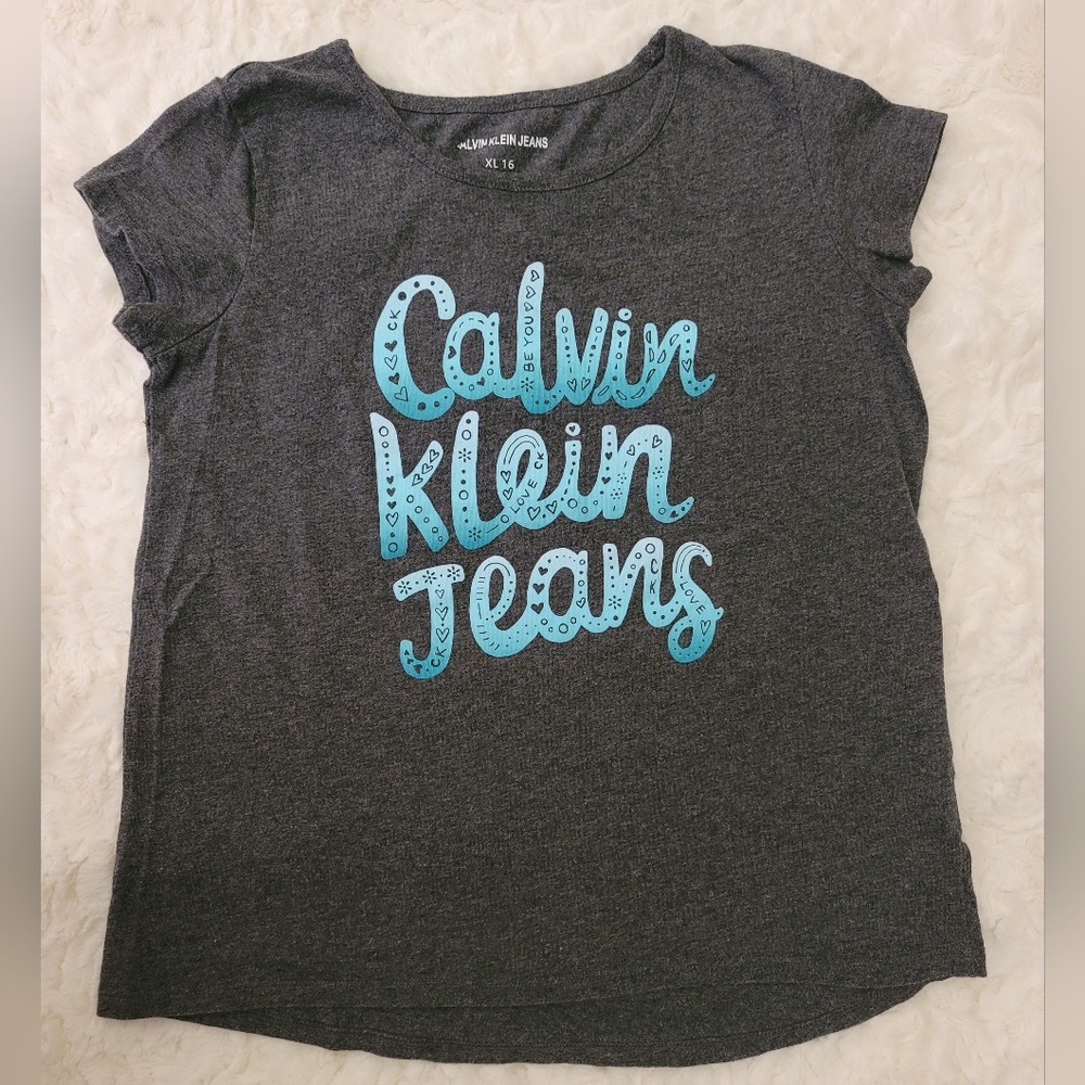 Calvin Klein Jeans Girl Gray Teal Ombre T-Shirt Size 16
